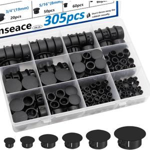 smseace 305Pcs Plastic Plugs 9-Sizes Plastic Hole Plug for Round Holes 1Inch 7/8Inch 3/4Inch 5/8Inch 1/2Inch 3/8Inch 5/16Inch 1/4Inch 1/5Inch Nylon Hole Plugs for Furniture,Cabinet,Kitchen (Black)