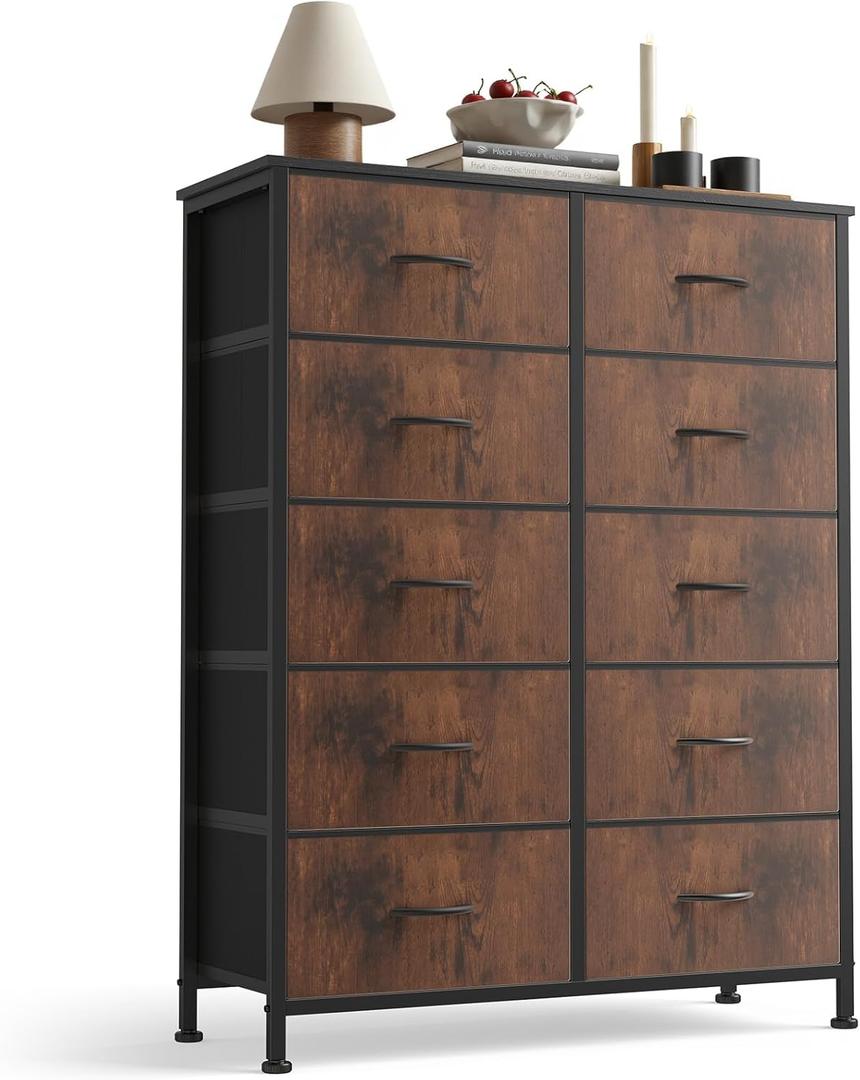 OLIXIS 10 Drawer Tall Dresser with Fabric Bins for Bedroom, Fabric Storage Tower Organizer for Closet Living Room Hallway, Double Chest of Drawers with Steel Frame Wood Top, Black-Brown