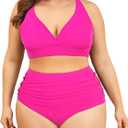 American Trends Womens Plus Size Bikini Set - Tummy Control, High Waisted 2 Piece Swimsuits Bathing Suits, Rose Red, 16 Plus