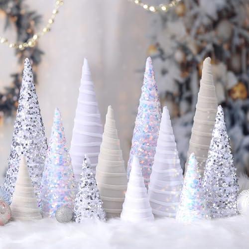 Ireer 8 Pcs Christmas Velvet Trees Set Various Size Velvet Cone Modern Decorations Indoor Table Tree Centerpiece Minimalist Xmas Holiday Winter Home Decor(White)