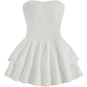 SOLY HUX Women's Ruffle Tube Mini Dress Shirred Strapless Sleeveless Eyelet Embroidery Layered A Line Summer Dresses, Small