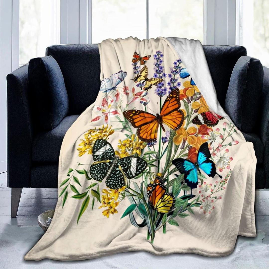 Butterfly Blanket Beautiful Butterfly Throw Blanket Ultra Soft Flannel Vintage Botanical Butterflies Blanket Gifts for Kids Adults 60"X50"