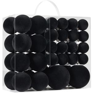 Velvet Christmas Ball Ornaments Set-46pcs Flocked Shatterproof Christmas Tree Decorations Plastic Xmas Decorative Hanging Ornaments for Xmas Holiday Home Decor,3 Sizes(Black)