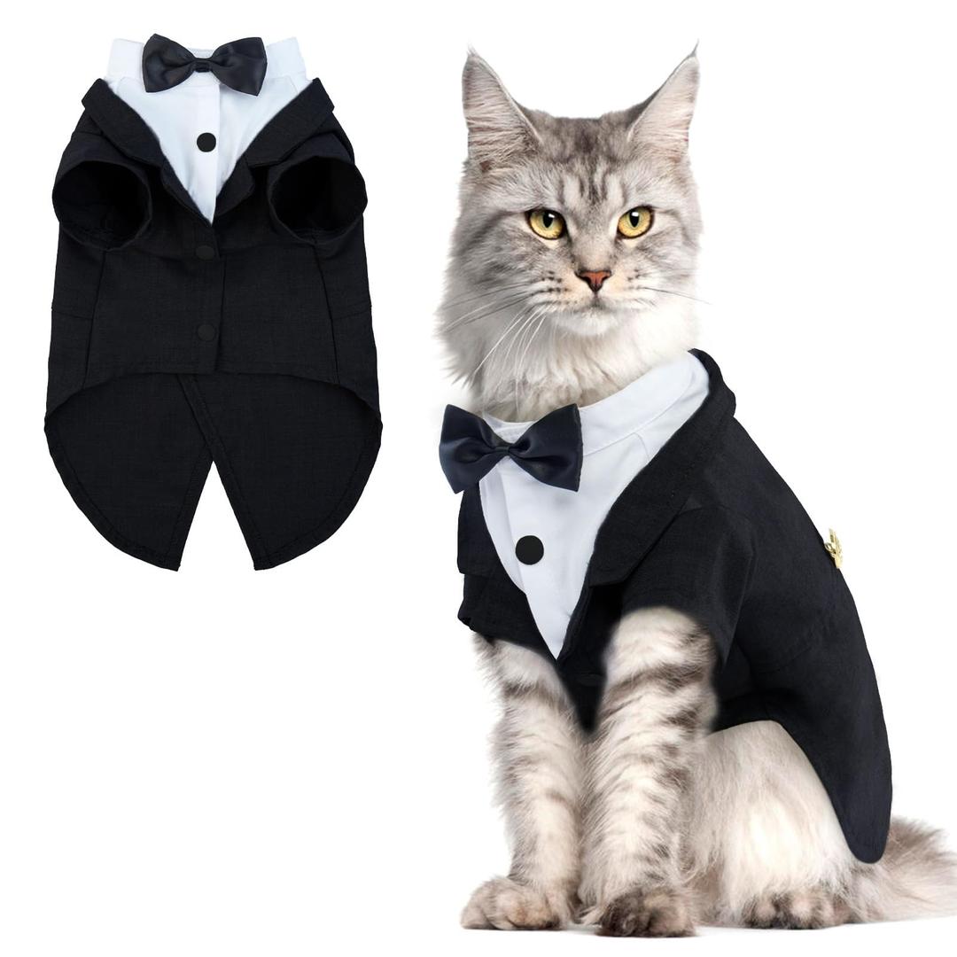 QBLEEV Cat Tuxedo Outfit, Formal Cat Suit Costume with Bow Tie, Sphynx Hairless Clothes for Cats Only, Kitten Wedding Birthday Party Attire Apparel for Male Boy, Cute Small Pet Gentleman Formal Wear