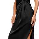 Women's One Shoulder Satin Silk Backless Split Wrap Hem Twist Ruched Summer Party Cocktail Midi Dress (Black, XL)