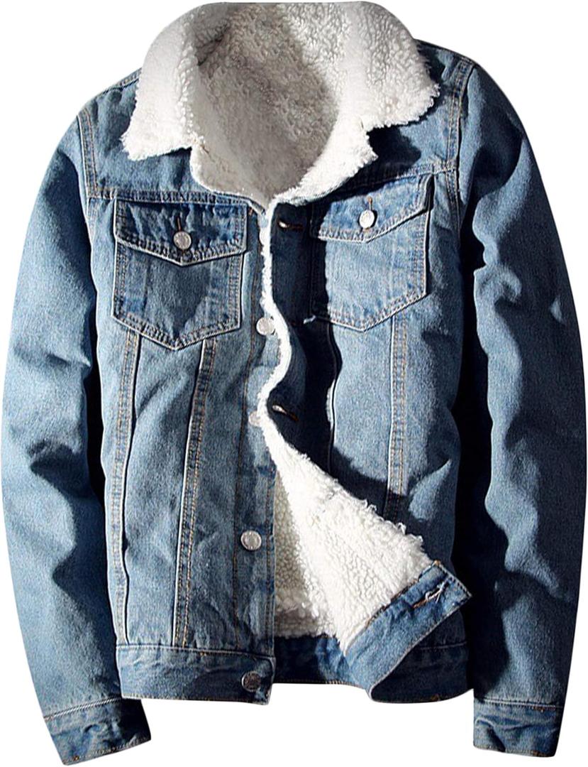 Springrain Men's Sherpa Fleece Lined Denim Jacket Warm Winter Trucker Jacket Cowboy Jean Jacket (L)