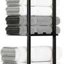 Towel Racks for Bathroom, 3 Tier Metal Towel Holder, with Shelf & 6 Hooks, 29 inch Wall Mounted Towel Storage, 6 Large Bath Towels Capacity,Small Bathroom Towel Rack for Rolled Towels, Black
