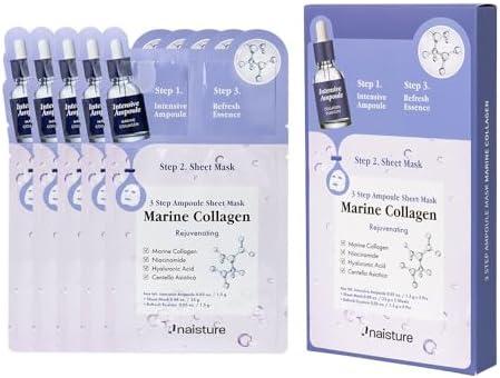Naisture 3 Step Ampoule Mask with Marine Collagen: Hydrating Sheet Mask Set for Skin Elasticity, Smoothing, and Moisture. Korean Skincare Kit with Ampoule, Mask, and Essence (5 pcs)