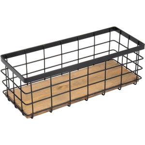 TIEYIPIN Farmhouse Small Metal Wire Storage Basket Bin, Rustic Home Storage Organizer with Wooden Bottom for Kitchen, Cabinets, Bathroom Counter, Pantry, Garage, Laundry Room - Black (1 Pack)