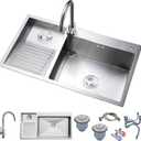 1000mm/39.3Inch Laundry Utility Sink With Washboard Stainless Steel Kitchen Sink with Faucet Household Pool Balcony Room Wash Basin Easy Clean Double-Bowl