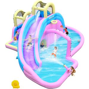 Large Inflatable Water Slide for Big Kids, Water Bounce House, Outdoor Blow Up Pool, Climbing Wall, Basketball Hoop with Blower (Funny Slide)