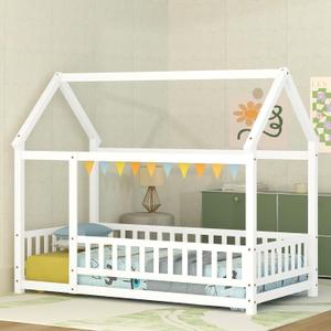 Bellemave Twin Size House Floor Bed,Wooden Montessori Bed with Fence and Roof for Kids,Twin Bed Frame for Boys,Girls(Twin,White)