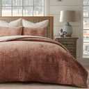EVERGRACE Velvet Quilt Set Queen Size, Luxurious Soft Bedding Sets, Lightweight Velvet Comforter for All Season, Striped Channel Bedspread Coverlet with 2 Shams, Terracotta Clay