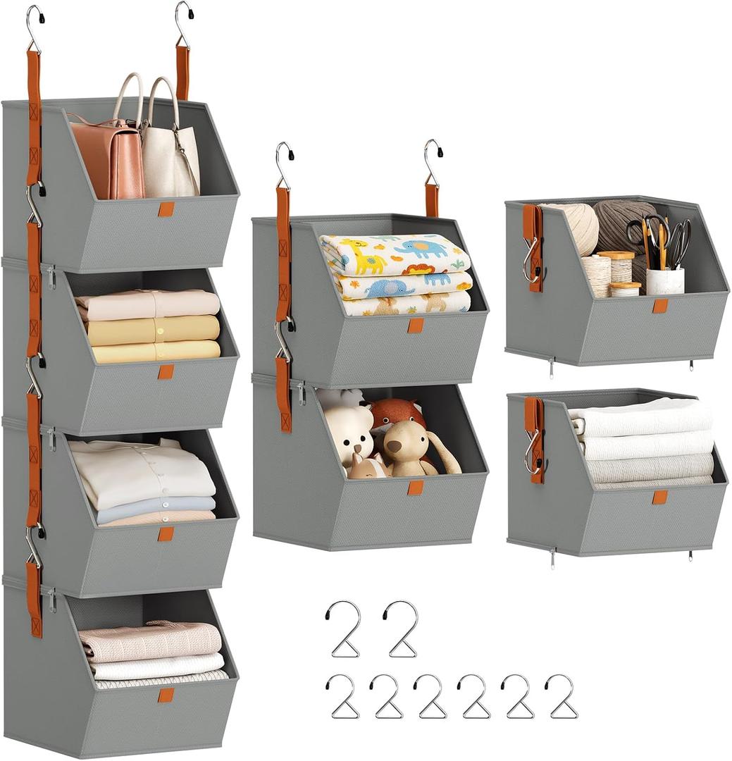 Hanging Closet Organizer 4 Tier - Clothes Hanging Shelves, Space-Saving Closet System, Fabric Storage Bins Bedroom Organization, Collapsible Baskets for Home, Dorm, Rv, Grey