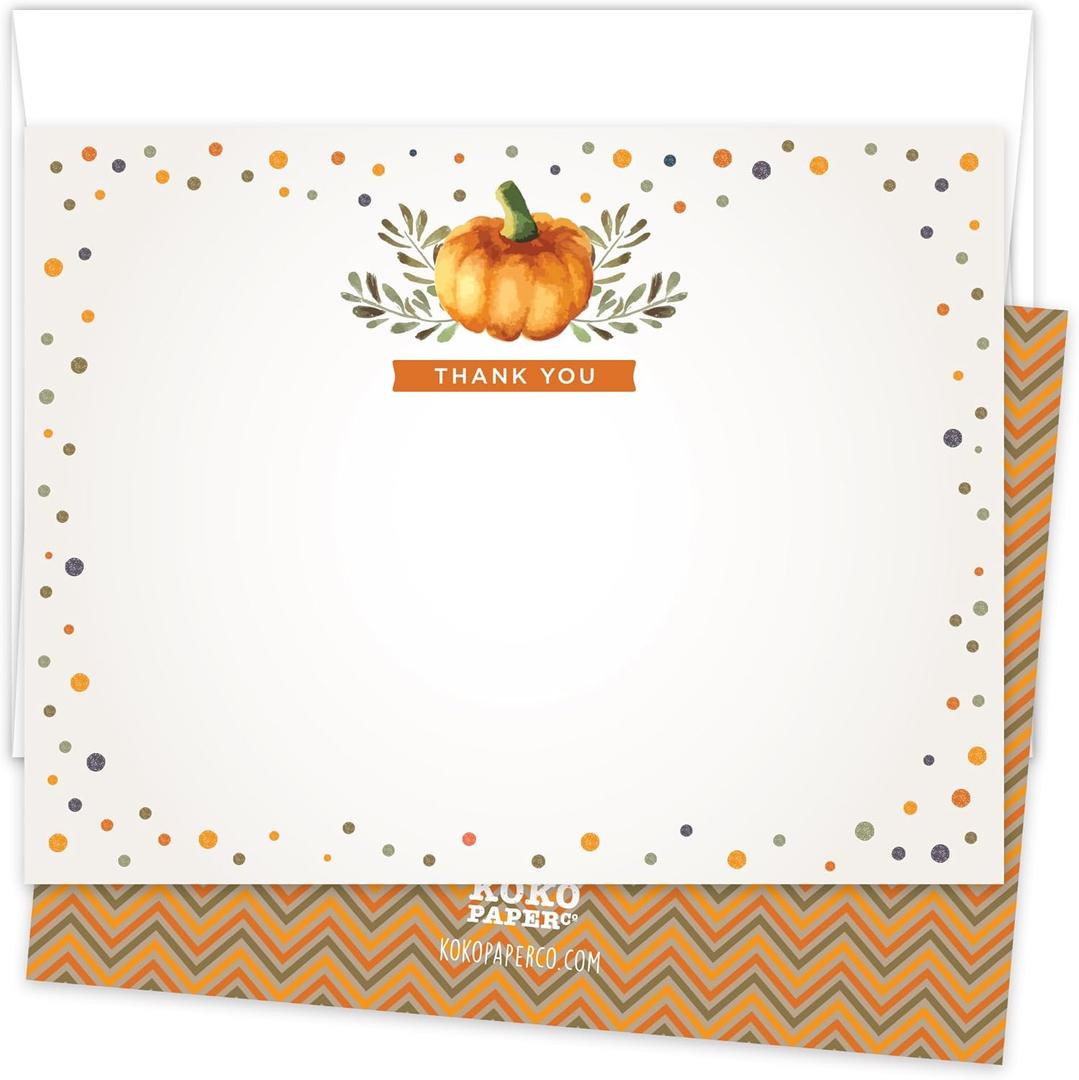 7 x Koko Paper Co. Fall Pumpkin Thank You Cards  25 Flat Note Cards with Envelopes - Autumn Thank You Notes for Baby Shower, Bridal Shower, Thanksgiving & More, Made in USA