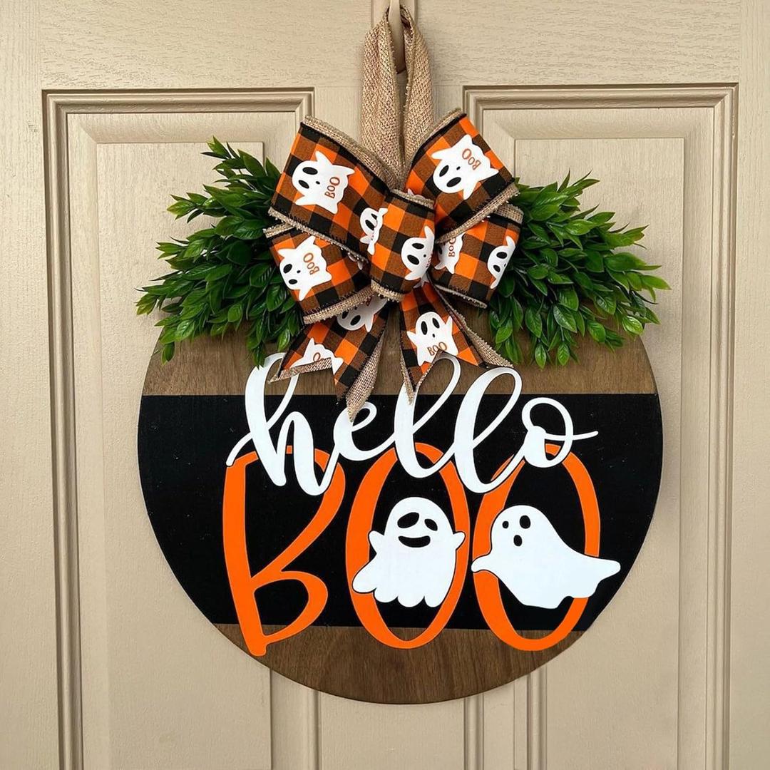 Trick or Treat - Halloween Door Sign, 12 Inches, Halloween Pumpkin Design with Bow, Front Door Decoration for Halloween, Home, Garden, Porch, Wall Decor