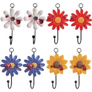 Notakia 8pcs Resin Daisy Flower Wall Hooks Decoration Hanging Coat Hooks Vintage Art Printing Iron Hook Key Hat Towel Wall Mounts Hooks Home Decor