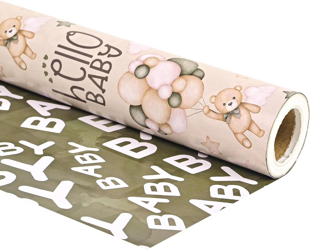 Dtiafu Reversible Baby Shower Wrapping Paper Roll Baby Gift Wrap with Green Brown Bear Balloons and Baby Words Pattern for Girls Boys Wedding Neutral Baby Shower Birthday Party - Total 28.5sq.ft, 6 sheet