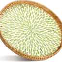 Tiangrid 16 inch Round Rattan Tray with Mother of Pearl Inlay Wicker Serving Tray with Wooden Base Boho Decorative Wicker Basket for Table Decor Bathroom Candle Perfume (Green Leaf)