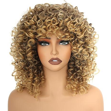 PORSMEER 14inch Blonde mixed Brown Curly Wigs for Women,Short Kinky Afro Curly Wigs with Bangs Natural Soft Bouncy Fluffy Heat Resistant Synthetic Hair Wig 70s for Daily or Party