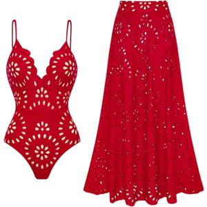 FLAXMAKER Women's One Piece Bathing Suit Petal Hollow V Neck Swimsuit and Skirt (XL)