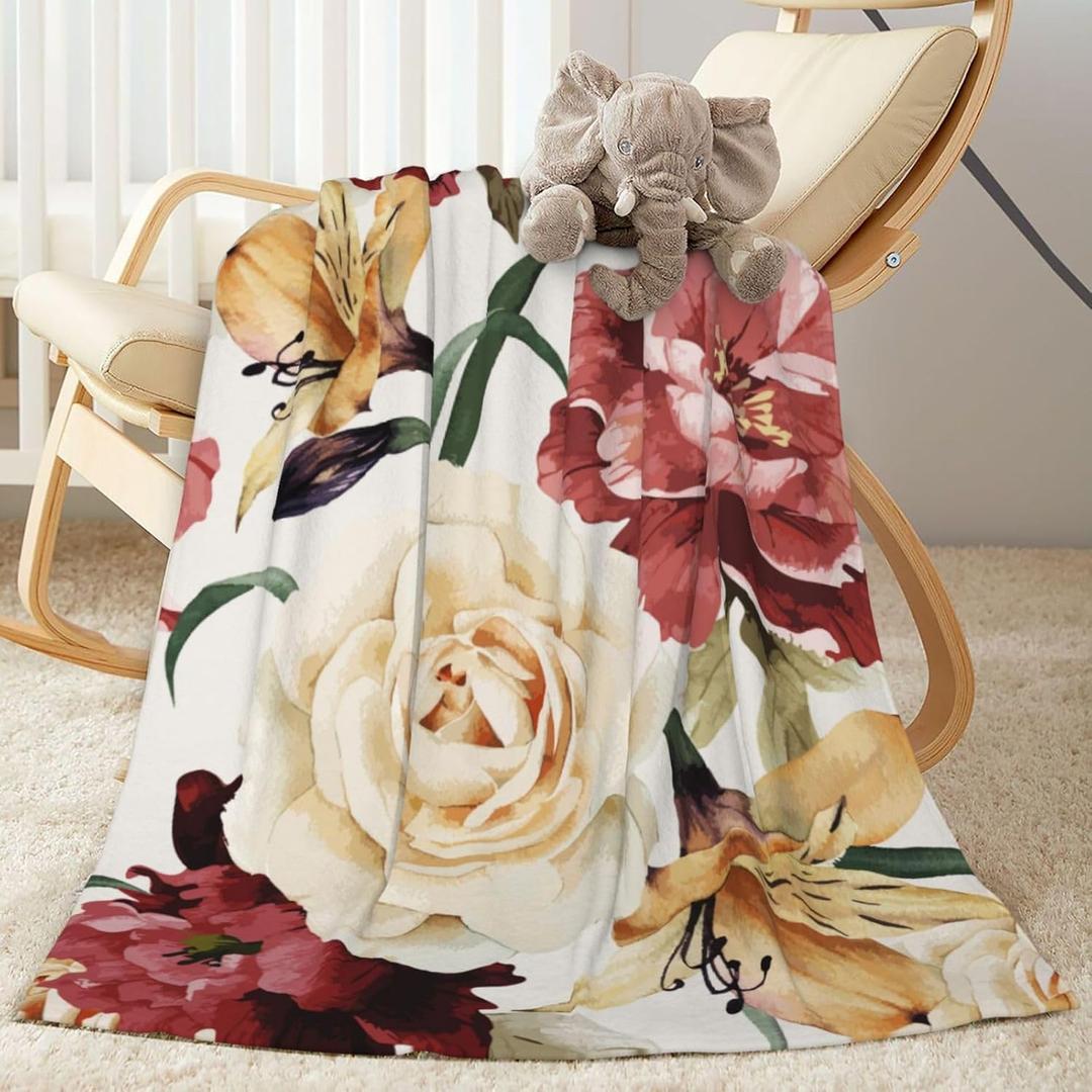 Rose Watercolor Flowers Baby Blanket Ultra Soft Throw Blanket All Season Warm Light Weight Cozy Plush Blankets for Home Bedroom Sofa Chair Travel, 40"X30"