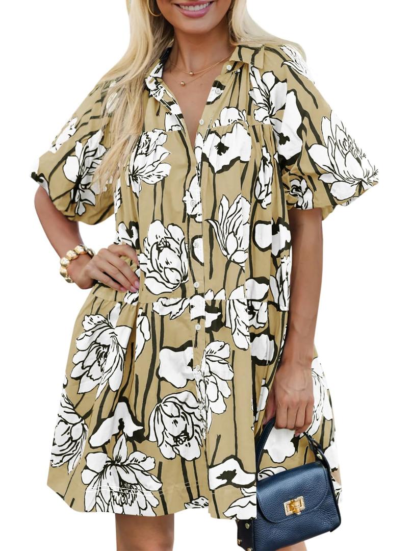 Skoinvb Women's Summer Short Puff Sleeve Floral Dress Button Down Loose Fit Casual Shirt Dresses Khaki XL