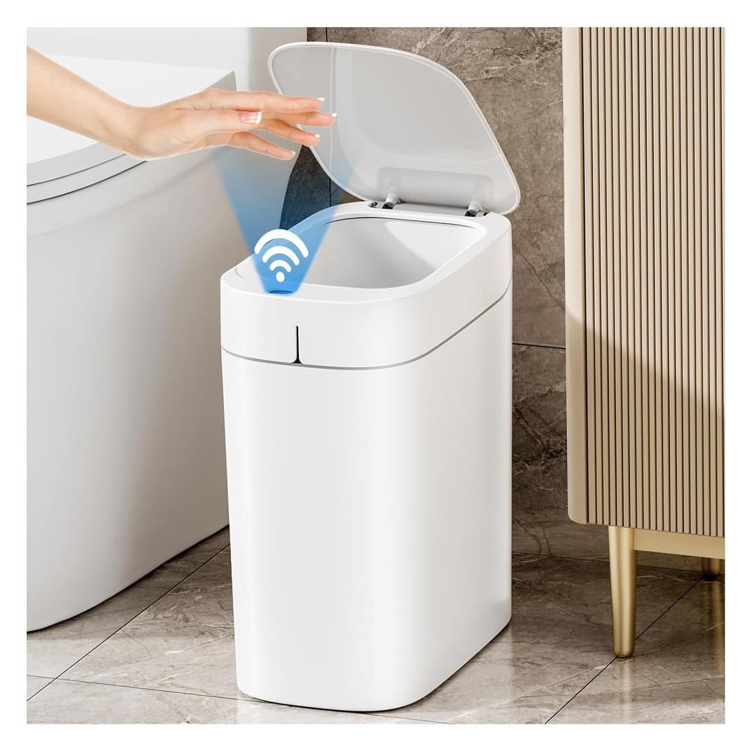 MOPALL Rechargeable Bathroom Trash Can, Motion Sensor Trash Can Automatic Touchless, White 3.5 Gallon Smart Garbage Can with Lid, Auto-Adsorption Slim Small Waste Basket for Bedroom, Bathroom, Kitchen