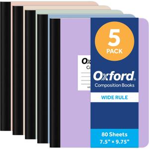 Oxford Composition Notebooks, 5 Pack, Wide Ruled, 80 Sheets, Pastels | Sewn binding keeps all 160 pages in place. Conversion chart and class schedule inside. Color coded covers for each subject.