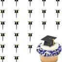 DecoPac Grad Hat Cupcake Toppers, 24 Graduation Cake Pics, Black Grad Hat DecoPics, Food Safe Cake Decorations - 24 Pack