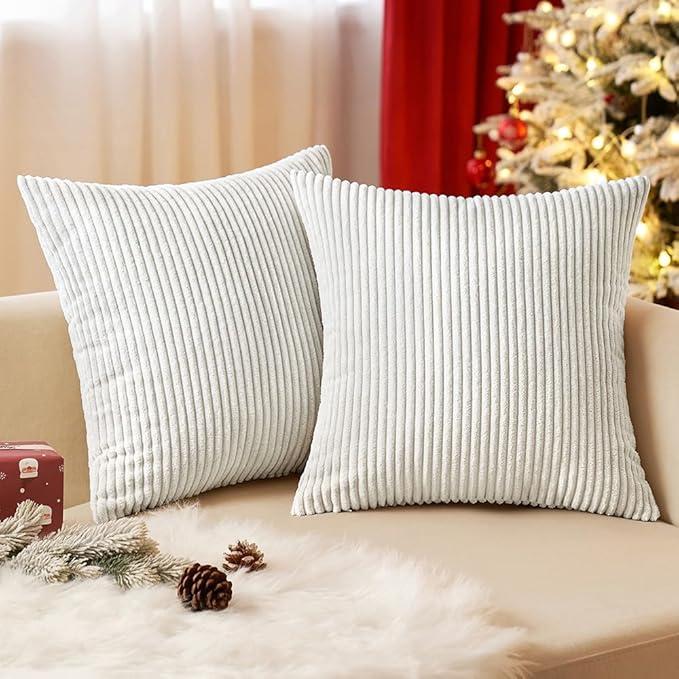  EMEMA Throw Pillow Covers Corduroy Decorative Soft Striped Square Cushion Covers Spring Pillowcases for Couch Sofa Bedroom Chair Car 18x18 Inch Pack of 2, White : Home & Kitchen