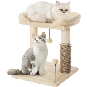 Made4Pets Small Cat Tree Tower, Cat Scratching Post 4-in-1 with Cat Self Groomer Brush, 20" Tall Natural Sisal Cat Scratcher, Soft Plush Cat Perch Bed with Dangling Ball for Indoor Kittens, Beige