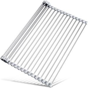 Tomorotec Stainless Steel Roll-Up Dish Drying Rack Marble Color Silicone Edges, Foldable Kitchen Rack Heat Resistant Trivet Supports up to 70 lbs, Food Safe for Dishes, Cookware & More