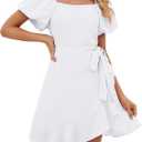 Sampeel Womens Summer Dresses Square Neck Puff Sleeve Tie Waist Short Dress (White) M