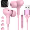 USB Headphones with Microphone for Laptop,7.5ft Magnetic Wired Earbuds Noise Canceling in-Ear Earphones with Mute Mic Volume Control Stereo Bass for PC Desktop Dell HP Acer Laptop,School,Women/Girl (Rose-Pink)