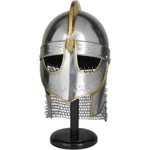 Deco 79 Metal Medieval Knight Crusader Helmet with Black Wood Stand and Chainmail, 9" x 11" x 17", Silver