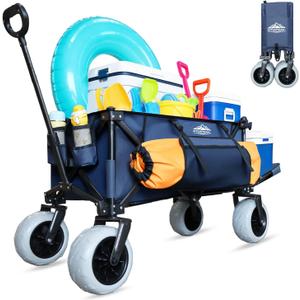 Beach Wagon, Big All-Terrain 9"x4" PU Wheels for Sand, 200L Large Capacity & 330lbs Heavy Duty, Collapsible Utility Wagon with Extended Tailgate for Beach Camping Outdoors