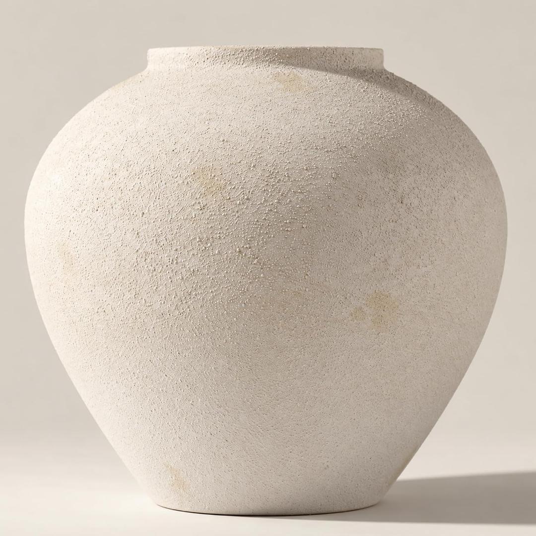 Large White Vase, 11 Inch Wide & 10.6 Inch Tall Round Rustic Iron Vase with Ceramic-Look Stone Texture, Decorative Vase for Flowers, Vases for Centerpieces