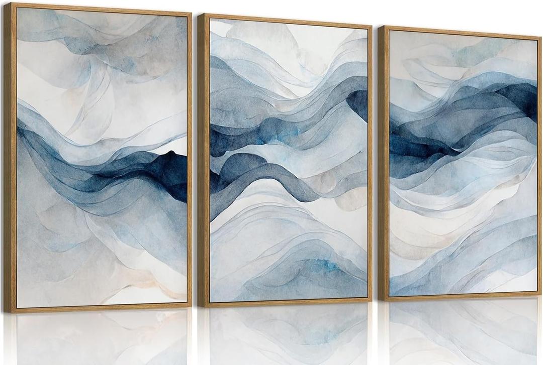 myusuar 3 Piece Large Abstract Framed Wall Art For Living Room, Smoke Texture Ink Navy Blue Canvas Wall Art Modern Minimalist Art Prints Wall Dcor For Bedroom Office 12x16in