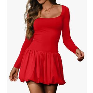 HYPERFIRE Women's Elegant Long Sleeve Scoop Neck Puff Bubble Mini Cocktail Dress Party Club, Red, XL