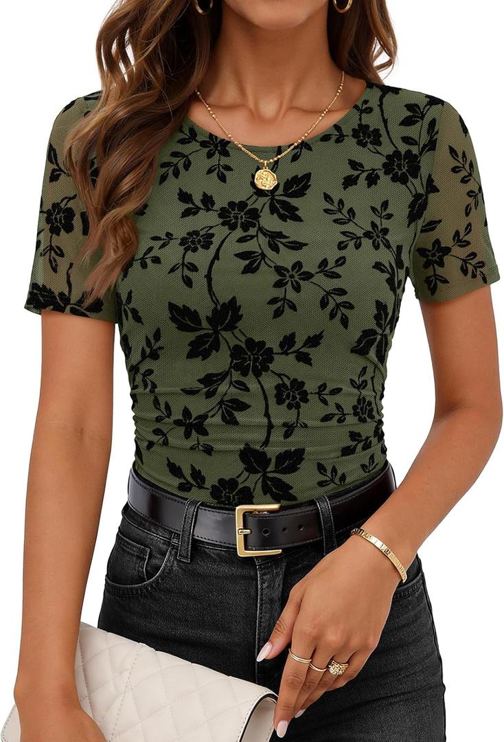 MEROKEETY Women's 2026 Summer Short Sleeve Floral Mesh Top Dressy Casual Crewneck Ruched Fitted T Shirt Blouse Spring Clothes (X-Large, Army Green)