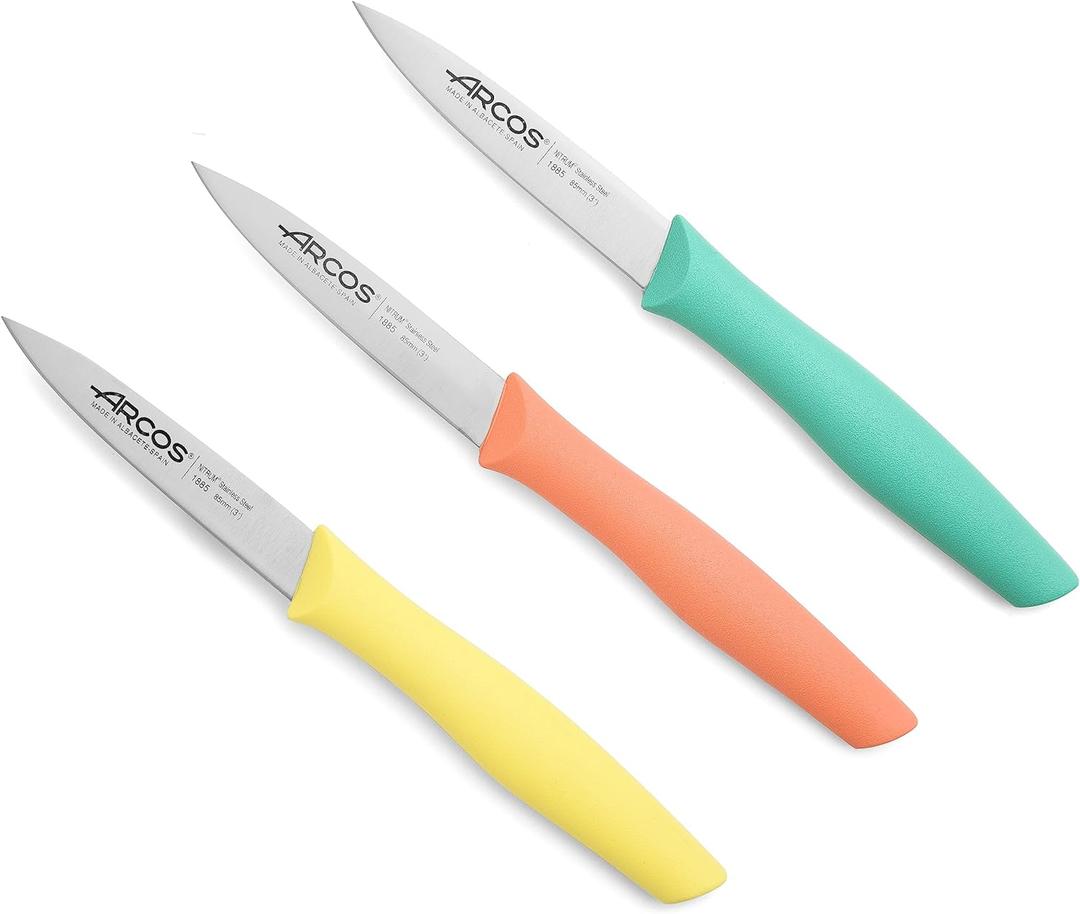 Arcos Paring Knife Set of 3 Pieces 4 Inch Stainless Steel. Colorful Kitchen Knives for Peeling Fruits and Vegetables. Ergonomic Polypropylene Handle. Series Nova. Color Orange, Yellow and Blue.