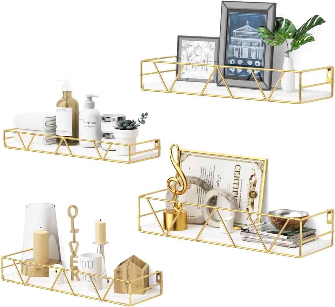 Floating Shelves Set of 3, Home Wood Wall Shelf, Farmhouse Shelf for Bedroom, Wall Mounted Floating Shelf for Living Room, Bedroom, Bathroom, Kitchen, Office (Gold-4pcs)