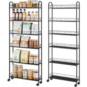 Slim Storage Cart with Wheels, 6-Tier 6in Black Narrow Rolling Shelf,Sturdy Slim Storage Ideal for Kitchen, Bathroom, and Laundry Room
