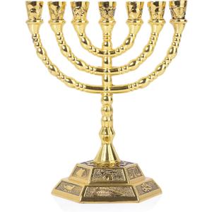 BRTAGG 12 Tribes of Israel Menorah, Jerusalem Temple 7 Branch Jewish Candle Holder (8 Inches, Gold)