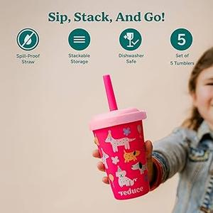 REDUCE GoGo's Kids Portable Tumbler Cups with Lids and Spill-Proof Straws - 3 Pack of Stackable 12 oz Tumblers