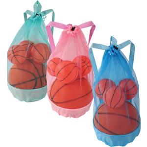 Lyreh 3pcs Mesh Drawstring Beach Bag, 3 Color Durable Beach Sand Toys Mesh Backpack Swim and Pool Balls Storage Bags Packs for Kids Men Women Athletic Gym Sports Workout(Green, Blue, Pink)