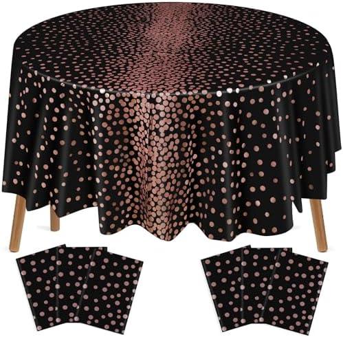 VitalCozy Round Dot Tablecloth 84 Inch Plastic Table Cover Polka Dot Confetti Tablecloths for Easter 2026 Graduation Prom Wedding Birthday Spring Party Supplies(Black and Rose Gold,3 Pcs)
