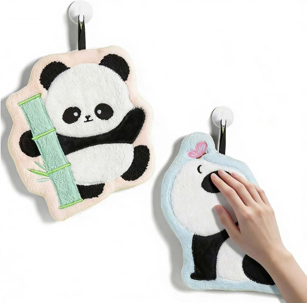 Hanging Hand Towels Coral Fleece 2-Pack, Quick Dry Highly Absorbent Soft Towels with Panda Print Embroidery for Kitchen Bathroom (Panda A)