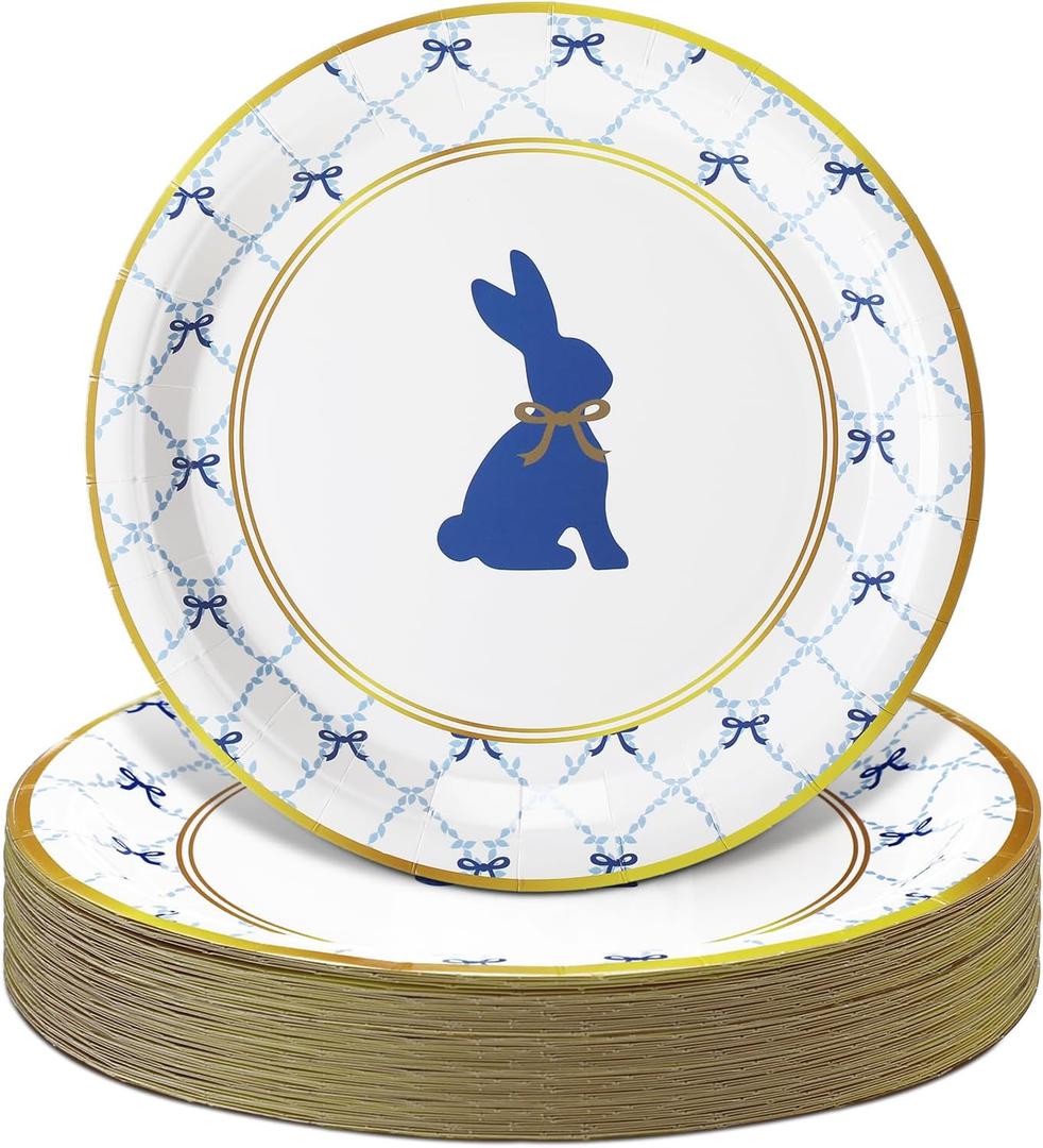 Qinyoung 50 Pcs Easter Bunny Disposable Plates 9 Inch Blue Rabbit Paper Plates Retro Gold Round Bunny and Bow Easter Dinnerware for Spring Baby Shower Birthday Party Table Supplies
